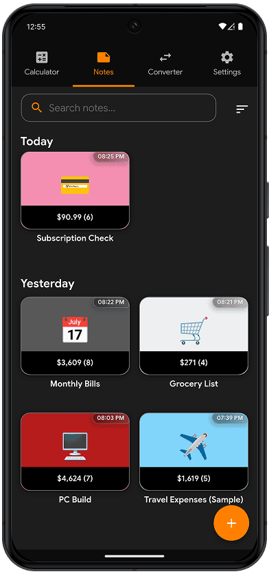 MinteCalc utility tools screen